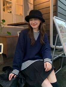 Women's Winter Loose Knit Sweater With 2 In 1 Striped Colorblock Design - Navy Blue - View 5