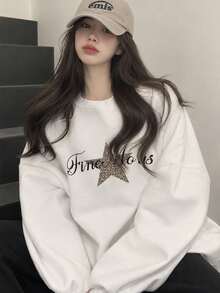 女款秋冬時尚寬鬆休閒百搭字母領豹紋星圖圓領運動衫 - 白色 - 查看 1