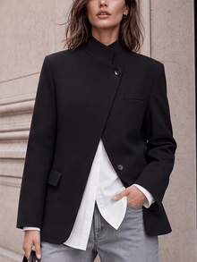 Women's Black Stand Collar Asymmetric Button Long Sleeve Blazer Jacket, Suitable For Spring And Autumn, Daily Commute And Office Wear - Black - View 6
