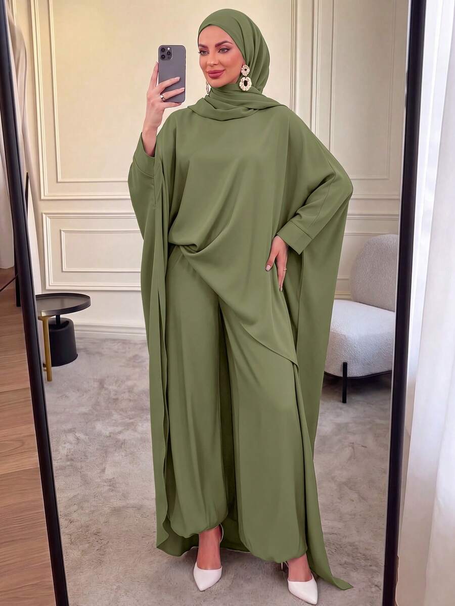 Women's Solid Color Long Sleeve High Neck Hem Top And Pants Arabic Outfit Set - Green - View 1