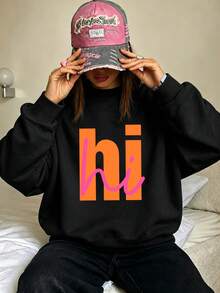 Plus-Size Women's Fashion Crew Neck Sweatshirt, Orange And Pink Color-Blocked "Hi" Graphic Print, A Casual Street Style Top For Autumn And Winter. - Black - View 7