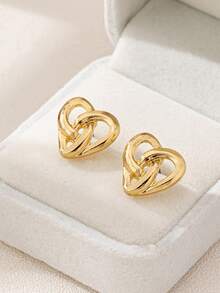 1 Pair Fashionable Minimalist Versatile Exquisite Geometric Asymmetrical Hollow Woven Heart Stud Earrings - Yellow Gold - View 6