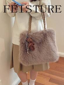 FEISTURE 1pc, New Autumn/Winter Plush Handbag, Fuzzy Tote Shoulder Bag With Pendant, Suitable For Girls, Women, College Students, New Professionals And Office Workers, Perfect For Work, Business, Commuting, School - Coffee - View 5