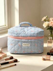 1pc/Set Blue Bow Quilted Travel Makeup Bag, Large Capacity Multi-Functional Toiletry Bag, Multi-Pocket Cosmetic Storage Bag, Suitable For Vacation, Gym, Beach And Bathroom Use, Portable Women's Girls Storage Organizer Bag - Blue - View 9