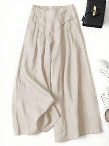 Women's Solid Color Casual Wide Leg Pants With Front Pocket Decor, Suitable For Autumn/Winter, Commuting, Halloween, Christmas - Khaki - View 2