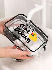Cute Duck Pattern Waterproof PVC Makeup Bag, Printed With "Just A Girl Who Loves Ducks" Design, Yellow And White Duck Pattern, Lightweight And Sun-Resistant, Suitable For Women And Men, Summer Essential Toiletry Bag, Travel Toiletry Bag, Large Capacity Packing Bag, Suitable For Vacation And Travel, Perfect Gift For Duck Lovers - Multicolor - View 6