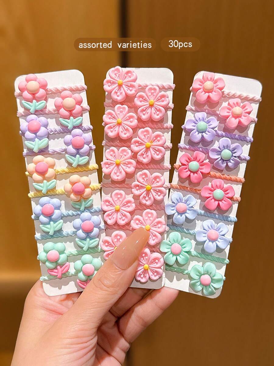30入隨機卡通可愛風髮圈,適合日常使用 - 彩色 - 查看 1