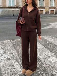 Casual Minimalist Fashion Women's Brown Ribbed Knit Set, Including Zipper Loose Hoodie Jacket And Drawstring Wide Leg Pants, Comfortable Choice For Autumn, Contains Knitted - Brown - View 1