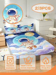 2/3PCS Cartoon Astronaut Fitted Sheet Set Soft Breathable Bedding For All Seasons Twin/Full/Queen 100% Polyester Machine Washable - Multicolor - View 4