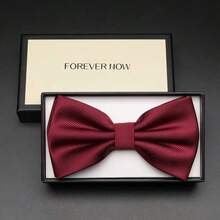 1pc Men's Solid Color Striped Double Layer Bow Tie, Business Bow Tie, Wedding Banquet Burgundy Bow Tie, Men's Gift - Red - View 1