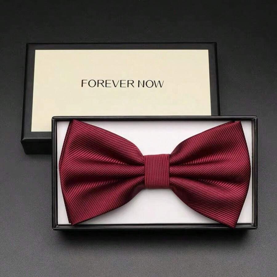 1pc Men's Solid Color Striped Double Layer Bow Tie, Business Bow Tie, Wedding Banquet Burgundy Bow Tie, Men's Gift - Red - View 1
