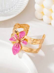 1pc Elegant Personalized Women's Oil Drip Style Flower Open Cuff Bracelet - Magenta 5 - View 5