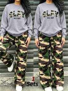 2pcs Girls Casual Set, Includes Camouflage "SLAY" Crew Neck Sweatshirt + Camouflage Wide Leg Pants, Soft And Comfortable, Suitable For Autumn/Winter Wear - Multicolor - View 1