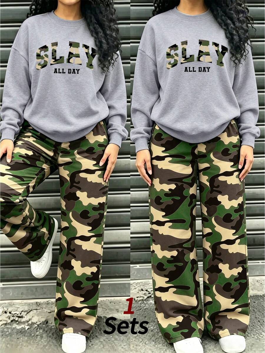 2pcs Girls Casual Set, Includes Camouflage "SLAY" Crew Neck Sweatshirt + Camouflage Wide Leg Pants, Soft And Comfortable, Suitable For Autumn/Winter Wear - Multicolor - View 1