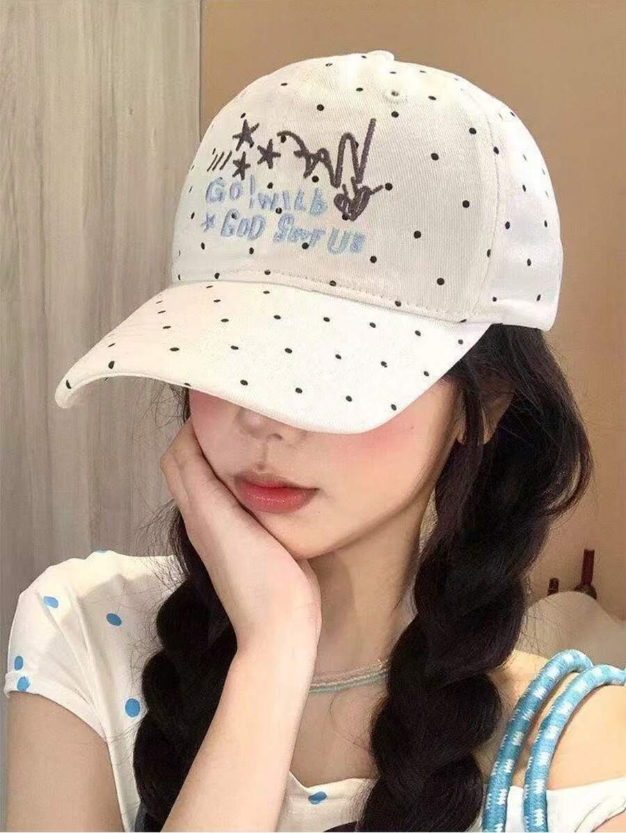 1 Buah Topi Baseball Bordir dengan Desain Titik dan Huruf, Topi Baseball Wanita Bertepi Lebar Gaya Korea Serbaguna dengan Bagian Atas Dalam, Hadiah untuk Teman - MultiWarna - View 1