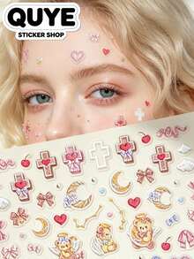 1Set Stickers Aesthetic, Journaling Supplies, Vintage Baroque Angel Bear Pattern Decorative Sticker, With Bow And Heart Motifs, For Surface And Nail Decoration - Cross Bear - View 1
