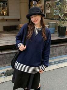 Women's Winter Loose Knit Sweater With 2 In 1 Striped Colorblock Design - Navy Blue - View 6
