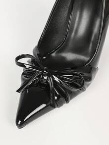 Women's Black Pointed Toe Chunky Heel High Heel Shoes, Pleated Bow Design, Low Cut, Elegant Daily Versatile Commute Party Evening Pumps - Black - View 3