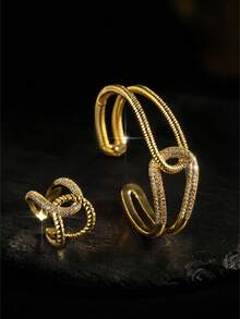 2pcs Light Luxury Copper Zirconia‑Inlaid Twisted Double Interlocking Open Ring & Bangle Set, Women's Jewelry Set For Daily Wear, Parties & Gatherings - Interlocking Double Ring - View 8