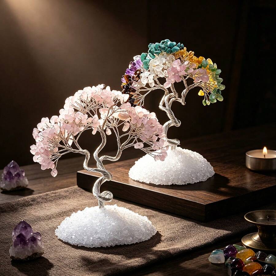 1PC Handcrafted Rose Quartz Tree With Quartz Sand Base, Seven Chakra Crystal Energy Balancer, Wellbeing Enhancer & Mystical Aura Home Desktop Decor