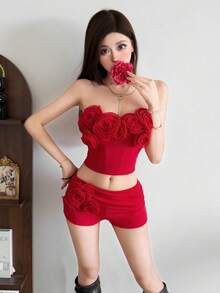 Top Dazzle Stylish Sleeveless Strapless Knitted Top For Women, Adorned With 3D Roses And A Backless Design, Ideal For Festive Occasions - Red - View 3