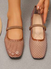 XfxfLadies' Mesh Flat Sole Shoes With Hollow Elastic Band Design, Breathable And Comfortable, Suitable For Travel/Casual Daily/Commuting Wear. - Brown - View 3