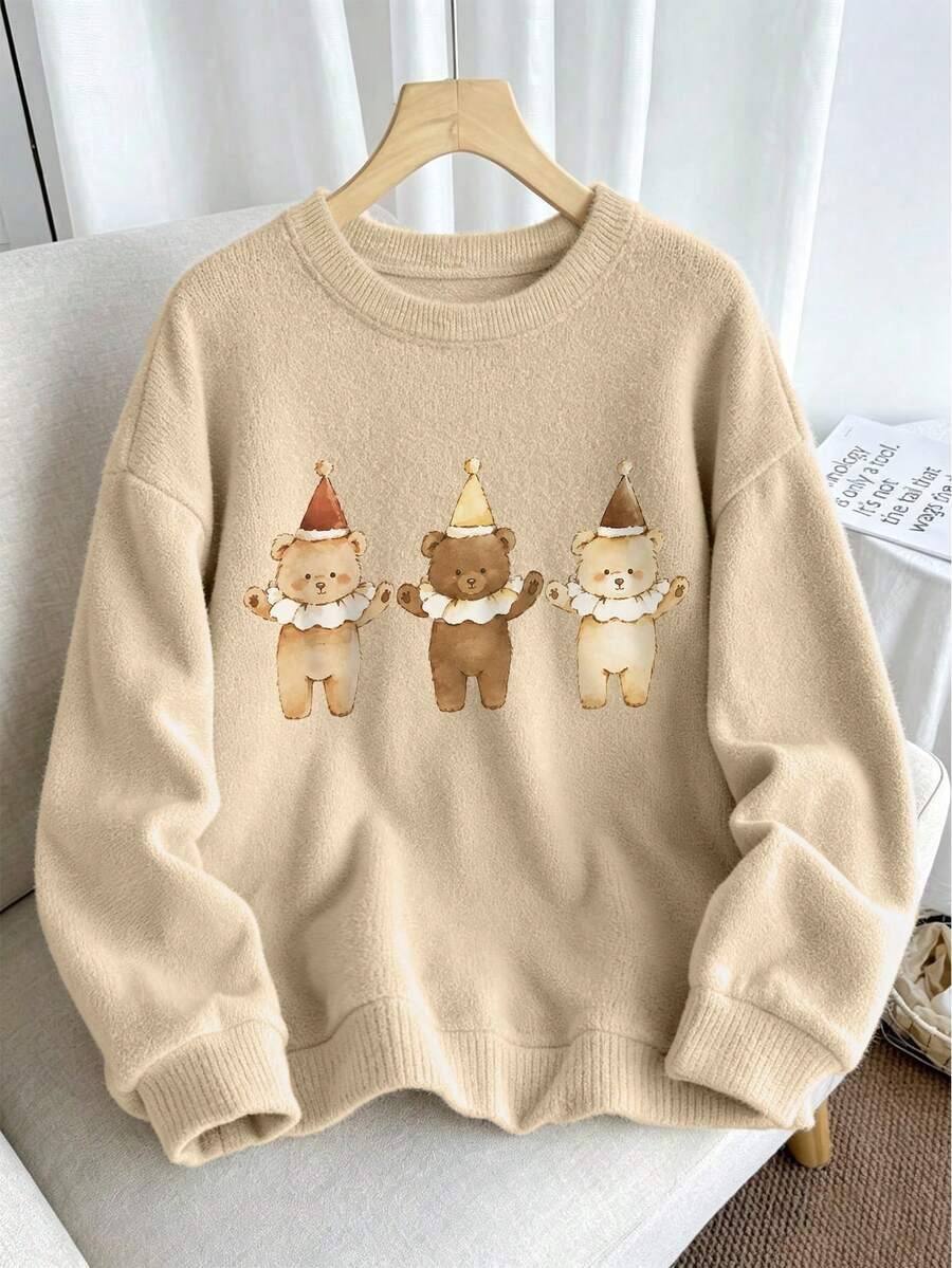 Women's Plus Size Sweater, Bear Pattern, Long Sleeve Crew Neck Regular Fit, Ideal Choice For Autumn Outfit