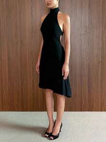 Women's Sleeveless Halter Backless Knitted Midi Dress, Fitted And Elegant For Party And Sexy Style - Black - View 4