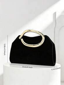 Simple Velvet Black Clutch With Golden Handle Evening Bag For Party,Wedding - Black - View 4