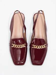 Women's Mid-Heel Patent Leather Loafers With Back Strap, Square Toe, Metal Chain Decor, Comfortable Commuter Shoes - Burgundy - View 6