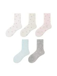 ZUJO 5 Pairs Solid Color Women's Mid-Calf Socks, Floral And Cherry Patterns, Versatile Soft And Comfortable, Sleep Socks Postpartum Socks Slouch Socks, Suitable For Spring Autumn Winter, Random Color Shipping - Multicolor - View 6
