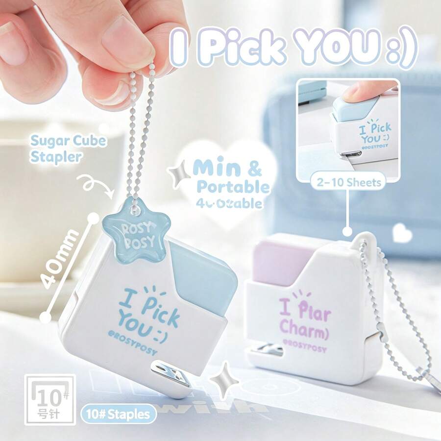 1pc RosyPosy Soft Design Sugar Cube Mini Stapler, Exquisite Pendant Style Portable Stapler For Girls - A - View 1