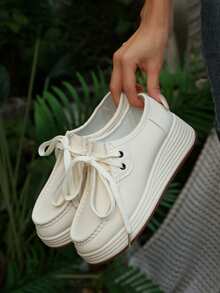 Women's Wedge Heel Thick Sole Loafers, Retro Leather Upper, Versatile Round Toe Front Lace-Up Casual Sneakers, Solid Color - White - View 3