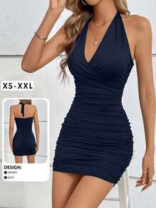 Sexy Deep V-Neck Ruched Waist Halter Backless Hollow Out Mini Dress, New Summer Design Elegant - Navy Blue - View 4