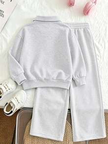 Women's Creative College Style Fashion Minimalist Digital Print Half-Zip Stand Collar Sweatshirt With Printed Loose Wide Leg Pants, 2-Piece Set For Autumn/Winter Daily Wear - Light Grey - View 3