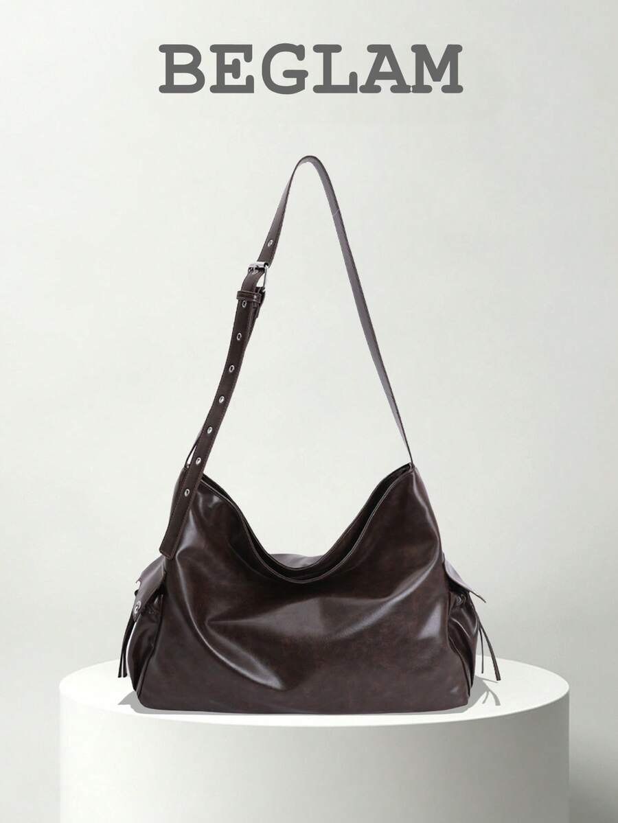 Fashion Solid Color PU Shoulder Tote Bag, Suitable For Women's Shopping, Commuting And Daily Use - Coffee - View 1
