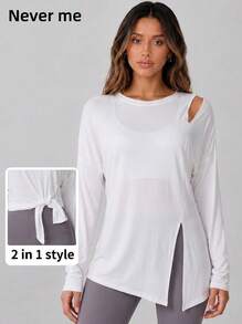 Never me Women's Outdoor Hollow Out Cold Shoulder Long Sleeve Breathable Quick-Dry Side Slit Loose Fit Sports Cover-Up - White - View 7