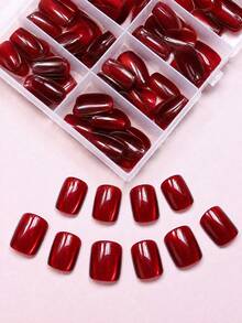 120Pcs Short Square Press On Nails, Autumn Winter Wine Red Cat Eye False Nails, 10 Sizes Glossy Solid Color Reusable Fake Nails Kit For Christmas Thanksgiving Daily Party - Red - View 2