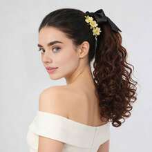 New Short Curly Bow Hair Comb Clip Wig For Women, Vintage Small Wave Pear Curl Faux Ponytail Hair Accessory - Black - View 10
