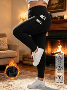 1pc Plus Size Brushed Thermal Lined Yoga Leggings For Autumn/Winter, Side Double Pockets, No Embarrassing Front Design, Double Layer Waistband With Tummy Control - Black - View 4