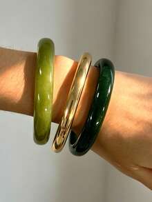 3pcs/Set Fashionable Minimalist Elegant Exquisite Vintage Design Green Resin Geometric Asymmetrical Marbled Pattern CCB Metal Style Round Bangle Bracelet Set, Holiday Vacation Party Date Gift, Daily Commute Wear, Personalized - Multicolor - View 5