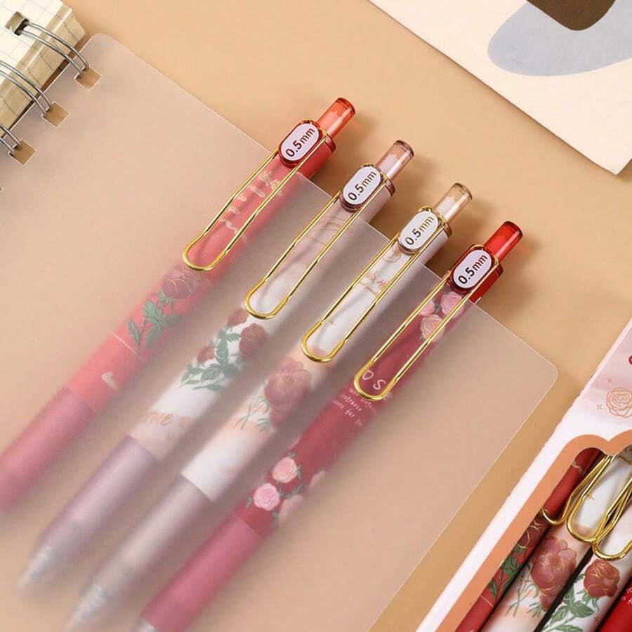 4pcs/Set Random Rose Flower Ballpoint Pens, Retractable Design, Multiple Patterns, Minimalist Printed Pens, Suitable For Weddings, Parties, Daily Use, Gifts, Perfect Valentine's Day Gift For Friends And Family - A - View 1