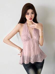 Top Dazzle Women's Semi-Sheer Halter Top With Backless Design And Asymmetrical Hem, Perfect For A Stylish And Alluring Look - Pink - View 5