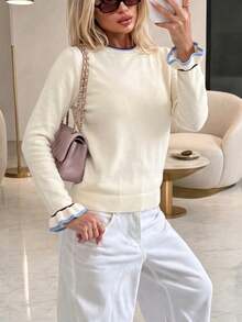 Women's College Style Long Sleeve Pullover Sweater, Contrast Trim Design, Autumn Fashion Choice - White - View 2