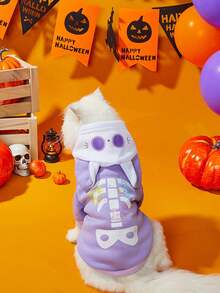 LUCKIE PAL 1pc Halloween Cartoon Pet Hooded Sweatshirt, Space Skeleton Ribs Planet Rocket Cat Print, Thin Breathable Spring Autumn Dog Clothes, Suitable For Small And Large Dogs And Cats, Indoor And Outdoor - Purple - View 4