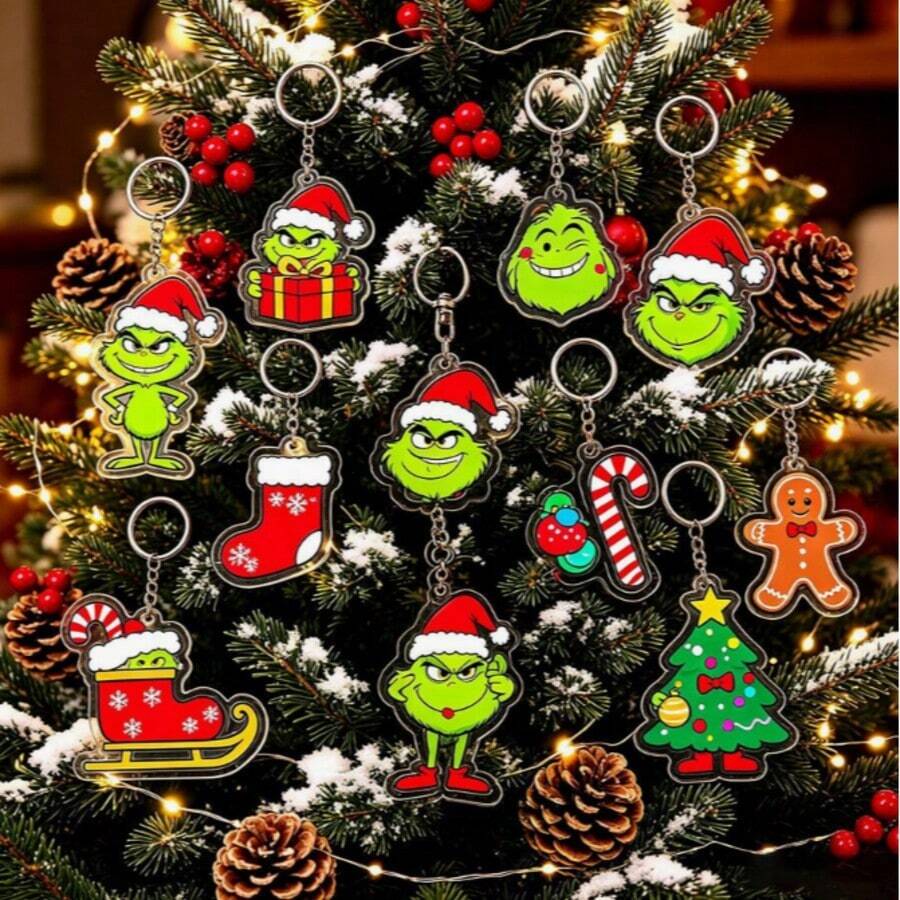 The Grinch 5 قطع من قلادات مفاتيح أكريليك عيد الميلاد، سلاسل مفاتيح عيد الميلاد، ديكورات شجرة عيد الميلاد، زينة معلقة للعطلات (نمط عشوائي) - B - مشاهدة 1