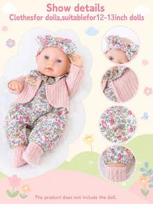 2 Styles Floral Rabbit Theme 12in Reborn Doll, Floral Romper, Knitted Cardigan, Bow Headband, Knitted Socks + Matching Rabbit Plush Doll, Beige + Light Pink Dual Color Set, Soft Fabric, Girls Dress-Up Accessories, Gift For Children - Multicolor - View 3