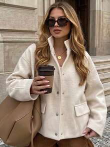 Fashionable Women's Knitted Funnel Neck Jacket, Long Sleeve Regular Fit Cardigan With Button Detail, Essential For Cool Weather - Beige - View 2
