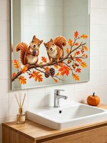Baofeng 1pc Maple Branch Squirrel Pinecone Window Sticker, Self-Adhesive, Autumn Decor, Halloween Decor, Thanksgiving Decor, Halloween Home Decoration - Orange - View 3