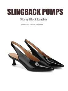 Spring Summer Minimalist Slingback Sandals For Women, 5CM Kitten Heels Shiny PU Patent Pointed Black Heels, Daily Office Dating Shoes For Women - Black - View 9